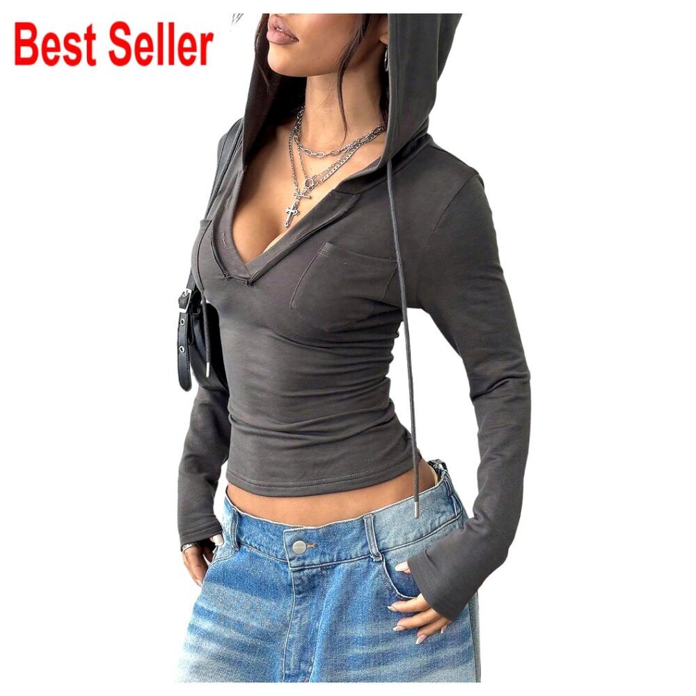 Cropped Hoodie Long Sleeve Slim Fit V Neck Lightweight Stretch Fabric